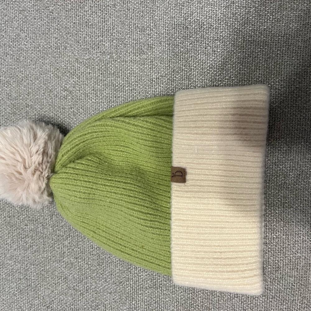 Cozy Green and Cream Kids Pom-Pom Beanie